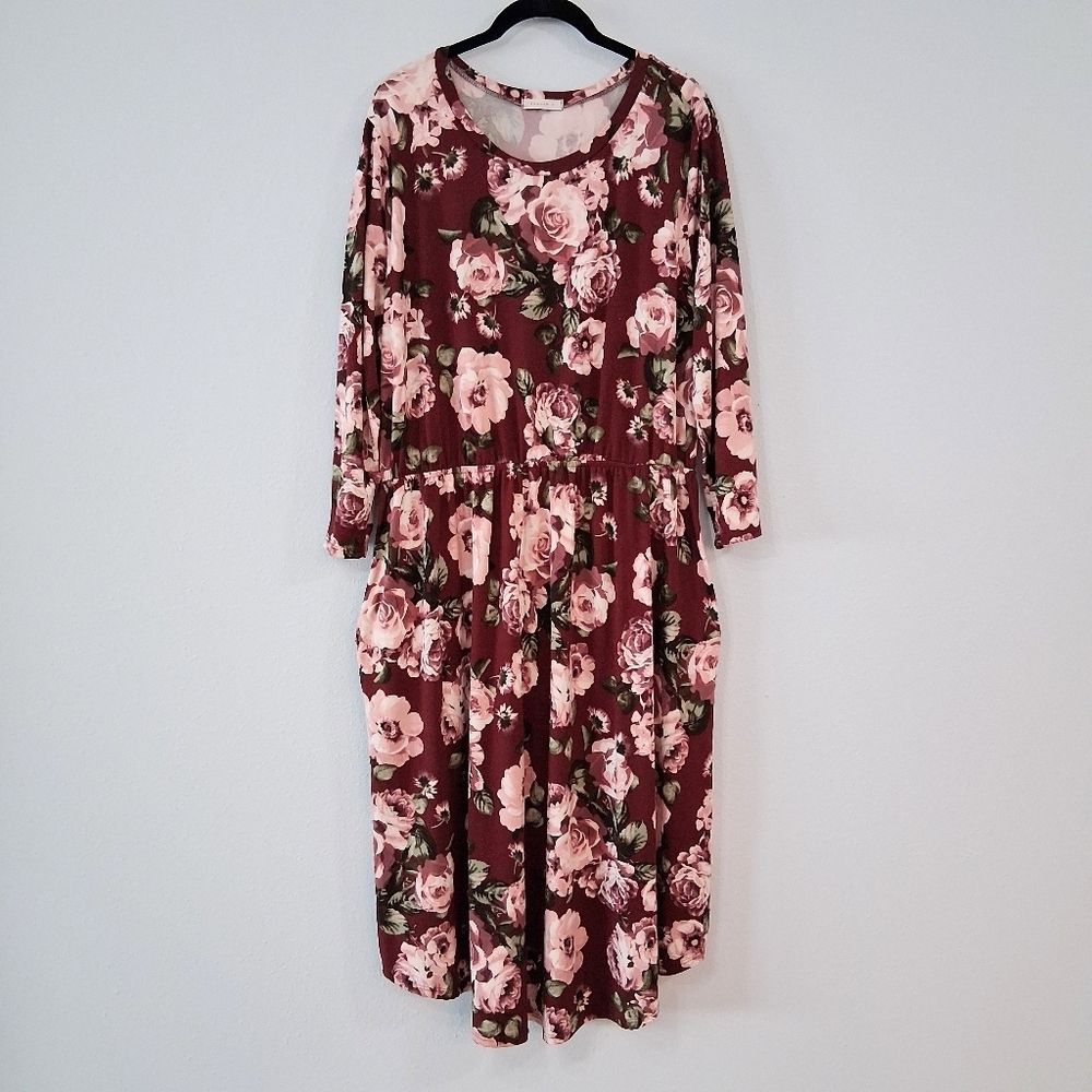 Burgundy Rose Pattern Maxi Dress Elastic Waist With Pockets Stretch Full Length